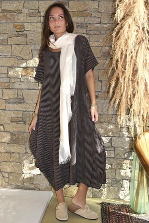 Salcombe Chalk Stripe Cotton Cocoon Dress Chocolate